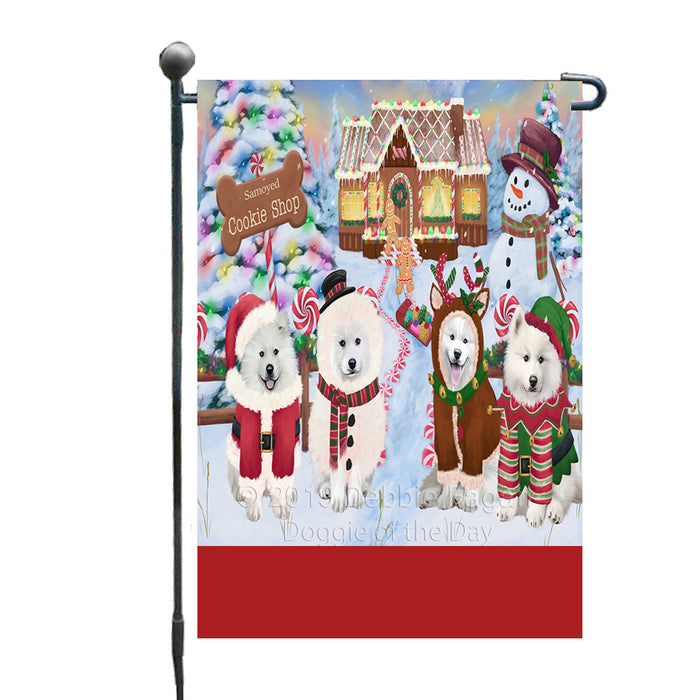 Personalized Holiday Gingerbread Cookie Shop Samoyed Dogs Custom Garden Flags GFLG-DOTD-A59233
