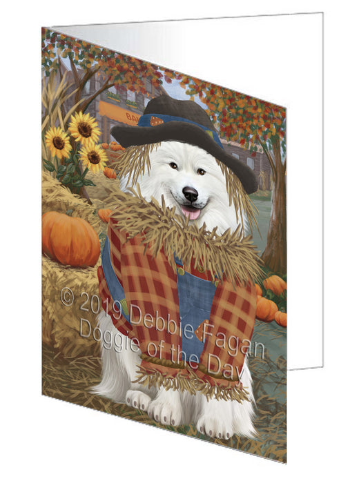 Fall Pumpkin Scarecrow Samoyed Dogs Handmade Artwork Assorted Pets Greeting Cards and Note Cards with Envelopes for All Occasions and Holiday Seasons GCD78623