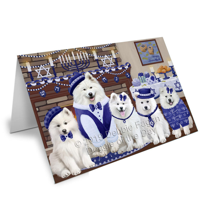 Happy Hanukkah Family Samoyed Dogs Handmade Artwork Assorted Pets Greeting Cards and Note Cards with Envelopes for All Occasions and Holiday Seasons GCD78530