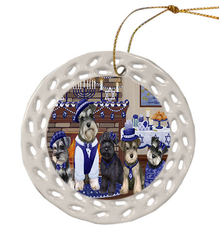 Happy Hanukkah Family Schnauzer Dogs Ceramic Doily Ornament DPOR57729