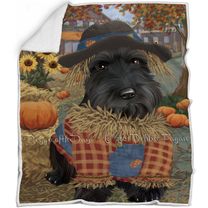 Halloween 'Round Town And Fall Pumpkin Scarecrow Both Scottish Terrier Dogs Blanket BLNKT143643