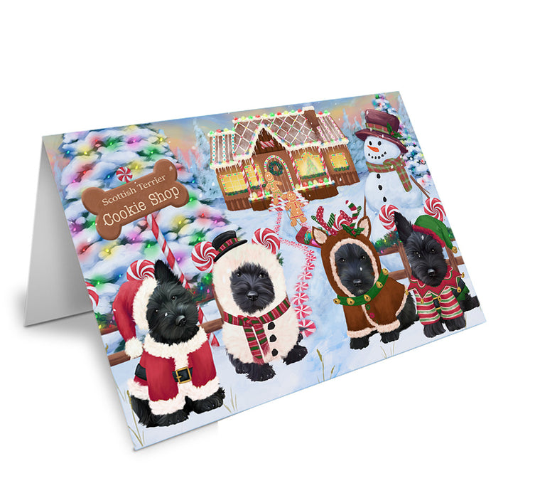 Holiday Gingerbread Cookie Shop Scottish Terriers Dog Handmade Artwork Assorted Pets Greeting Cards and Note Cards with Envelopes for All Occasions and Holiday Seasons GCD74366