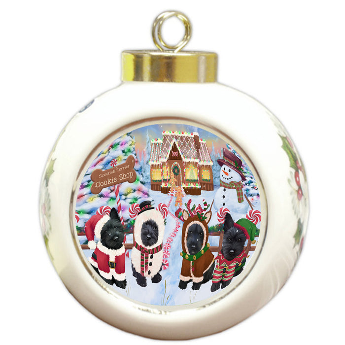 Holiday Gingerbread Cookie Shop Scottish Terriers Dog Round Ball Christmas Ornament RBPOR56973