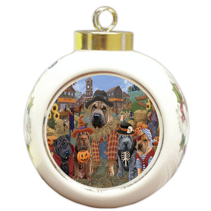 Halloween 'Round Town And Fall Pumpkin Scarecrow Both Shar Pei Dogs Round Ball Christmas Ornament RBPOR57605