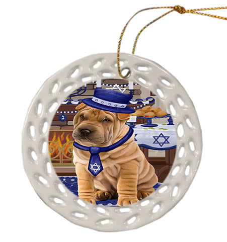 Happy Hanukkah Shar Pei Dog Ceramic Doily Ornament DPOR57792