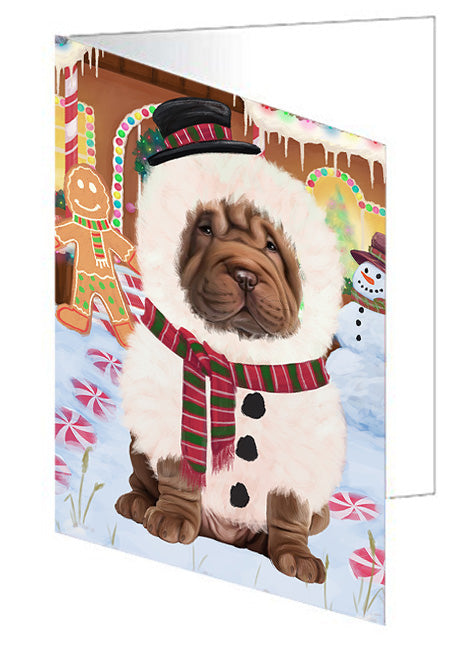 Christmas Gingerbread House Candyfest Shar Pei Dog Handmade Artwork Assorted Pets Greeting Cards and Note Cards with Envelopes for All Occasions and Holiday Seasons GCD74144