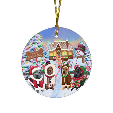 Holiday Gingerbread Cookie Shop Shar Peis Dog Round Flat Christmas Ornament RFPOR56974