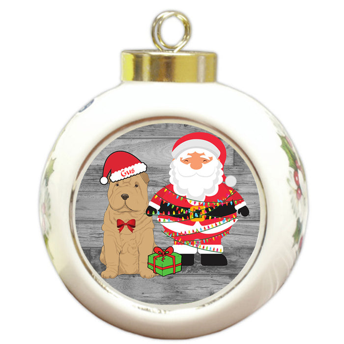Custom Personalized Shar Pei Dog With Santa Wrapped in Light Christmas Round Ball Ornament