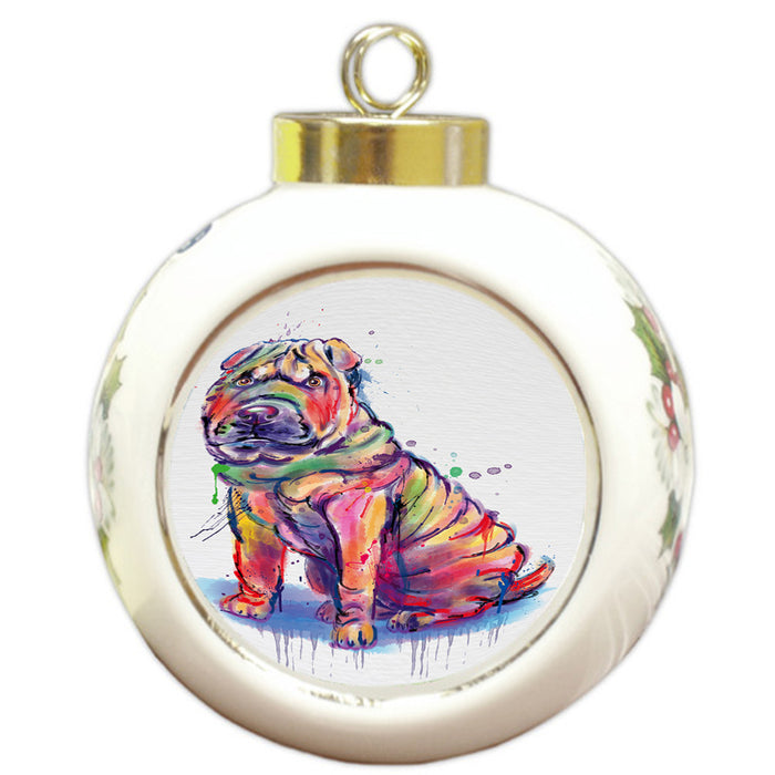 Watercolor Shar Pei Dog Round Ball Christmas Ornament RBPOR58230