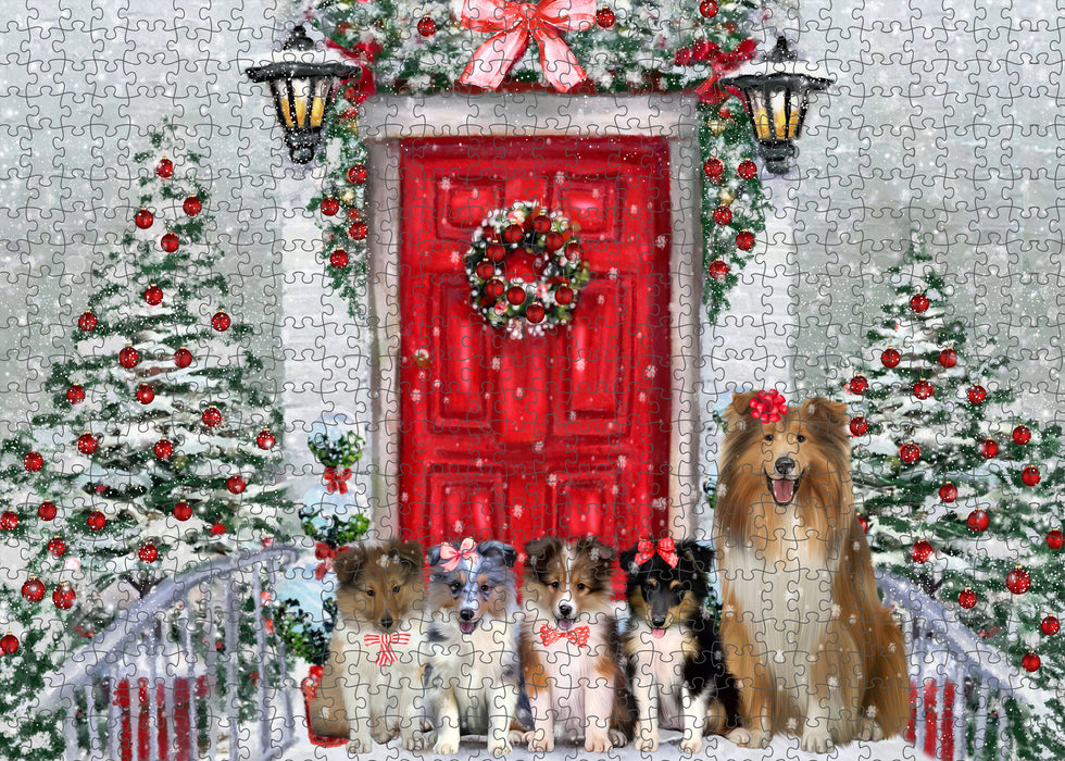Christmas Holiday Welcome Shetland Sheepdogs Portrait Jigsaw Puzzle for Adults Animal Interlocking Puzzle Game Unique Gift for Dog Lover's with Metal Tin Box