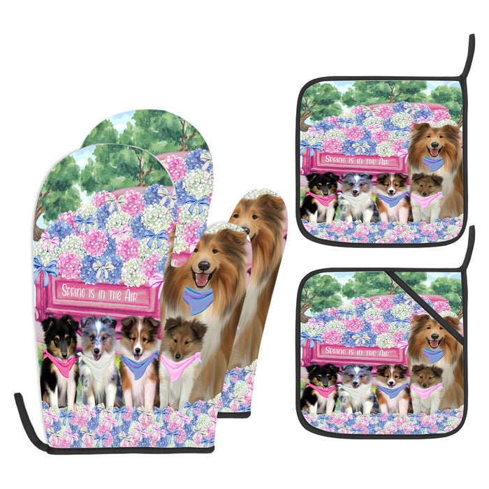 Shetland Sheepdog Oven Mitts and Pot Holder Set, Kitchen Gloves for Cooking with Potholders, Explore a Variety of Designs, Personalized, Custom, Dog Moms Gift