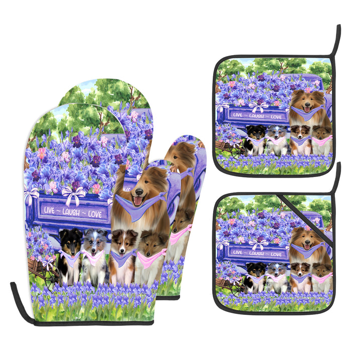 Shetland Sheepdog Oven Mitts and Pot Holder Set, Kitchen Gloves for Cooking with Potholders, Explore a Variety of Designs, Personalized, Custom, Dog Moms Gift
