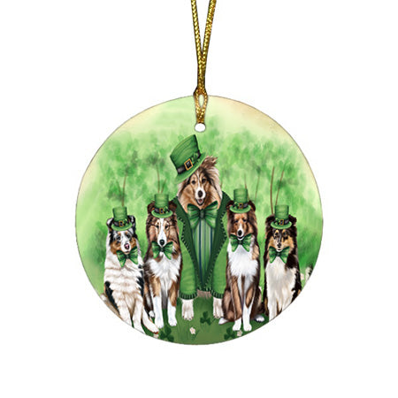 St. Patricks Day Irish Family Portrait Shetland Sheepdogs Dog Round Flat Christmas Ornament RFPOR49385