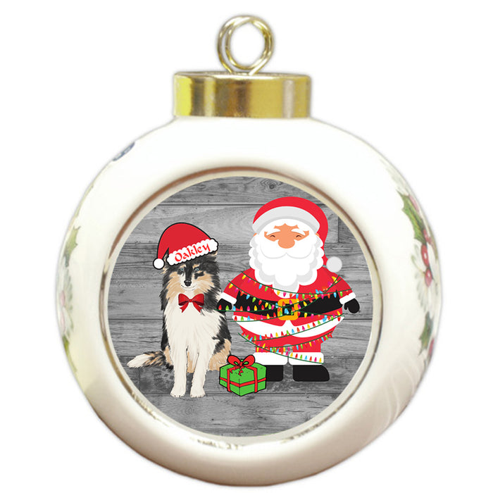 Custom Personalized Shetland Sheepdog With Santa Wrapped in Light Christmas Round Ball Ornament