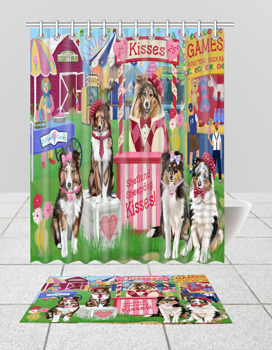 Carnival Kissing Booth Shetland SheepDogs  Bath Mat and Shower Curtain Combo