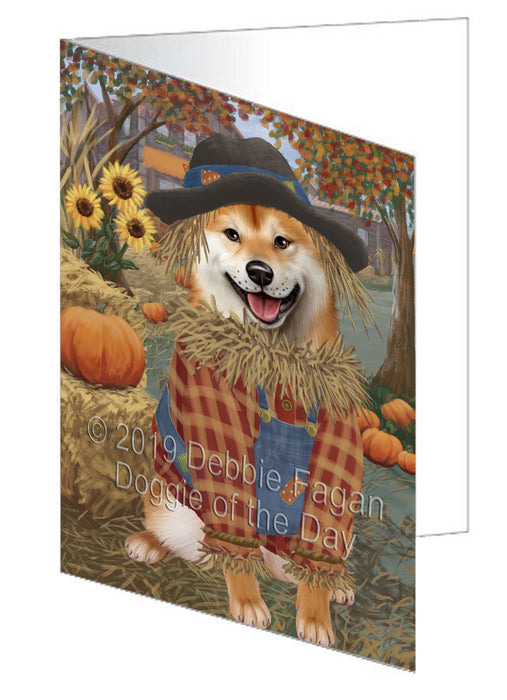 Fall Pumpkin Scarecrow Shiba Inu Dogs Handmade Artwork Assorted Pets Greeting Cards and Note Cards with Envelopes for All Occasions and Holiday Seasons GCD78638