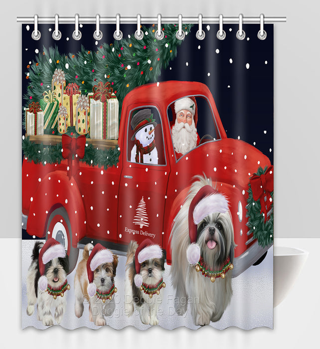 Christmas Express Delivery Red Truck Running Shih Tzu Dogs Shower Curtain Bathroom Accessories Decor Bath Tub Screens