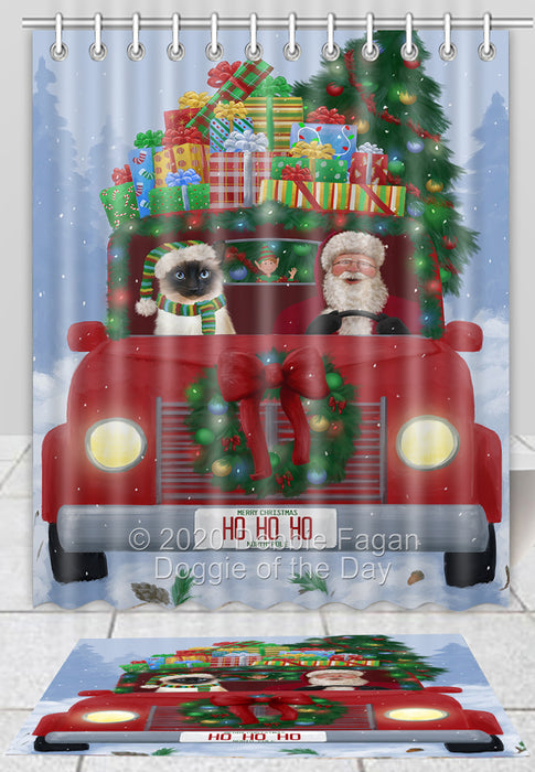 Christmas Honk Honk Red Truck Here Comes with Santa and Siamese Cat Bath Mat and Shower Curtain Combo