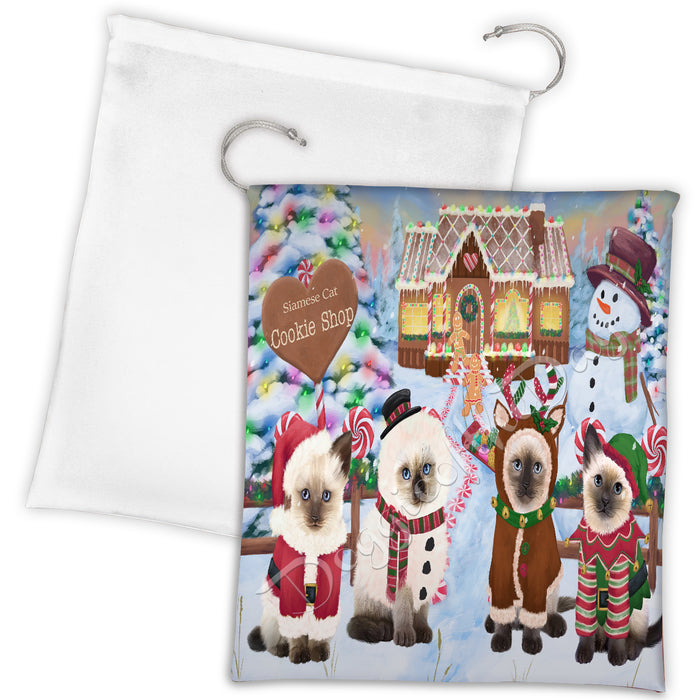 Holiday Gingerbread Cookie Siamese Cats Shop Drawstring Laundry or Gift Bag LGB48635