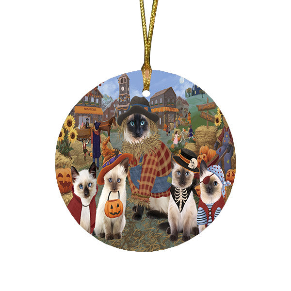 Halloween 'Round Town And Fall Pumpkin Scarecrow Both Siamese Cats Round Flat Christmas Ornament RFPOR57609