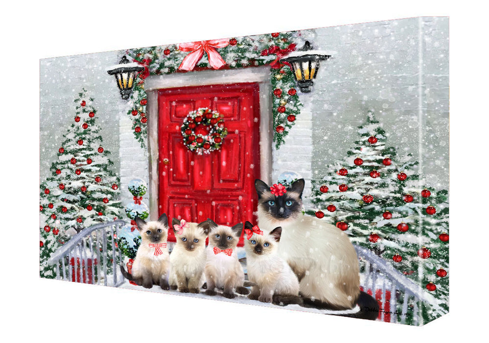 Christmas Holiday Welcome Siamese Cats Canvas Wall Art - Premium Quality Ready to Hang Room Decor Wall Art Canvas - Unique Animal Printed Digital Painting for Decoration