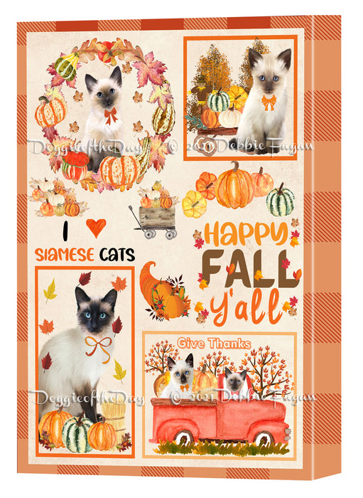 Happy Fall Y'all Pumpkin Siamese Cats Canvas Wall Art - Premium Quality Ready to Hang Room Decor Wall Art Canvas - Unique Animal Printed Digital Painting for Decoration