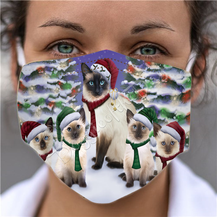 Siamese Cats Christmas Family Portrait in Holiday Scenic Background Face Mask FM48379