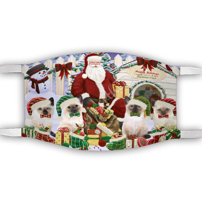 Happy Holidays Christmas Siamese Cats House Gathering Face Mask FM48283