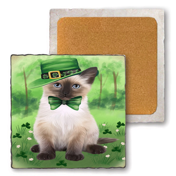 St. Patricks Day Irish Portrait Siamese Cat Set of 4 Natural Stone Marble Tile Coasters MCST52039
