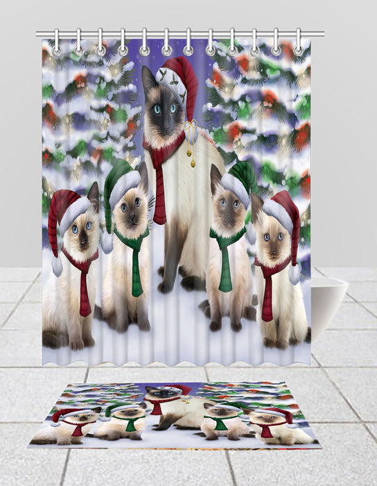 Siamese Cats Christmas Family Portrait in Holiday Scenic Background  Bath Mat and Shower Curtain Combo