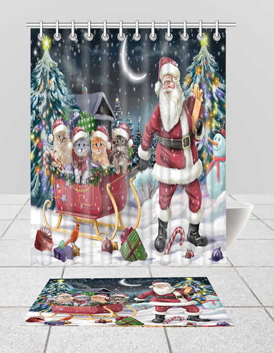 Santa Sled Dogs Christmas Happy Holidays Siberian Cats Bath Mat and Shower Curtain Combo