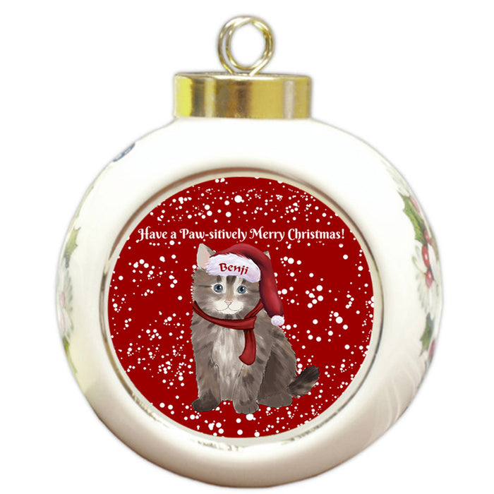 Custom Personalized Pawsitively Siberian Cat Merry Christmas Round Ball Ornament