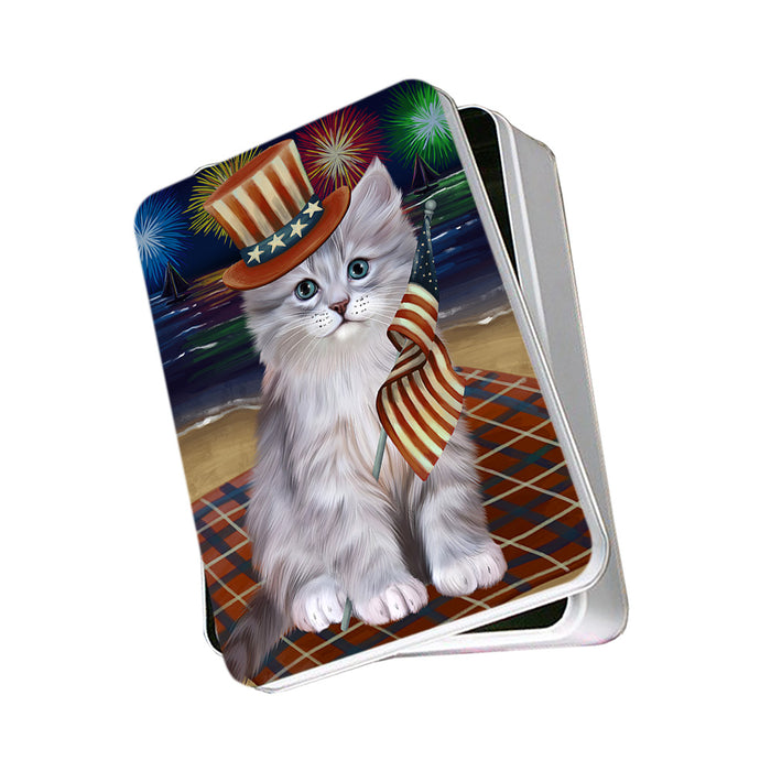 4th of July Independence Day Firework Siberian Cat Photo Storage Tin PITN56793