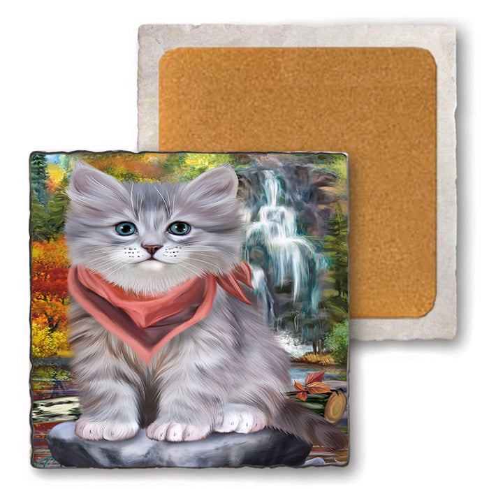 Scenic Waterfall Siberian Cat Set of 4 Natural Stone Marble Tile Coasters MCST49685