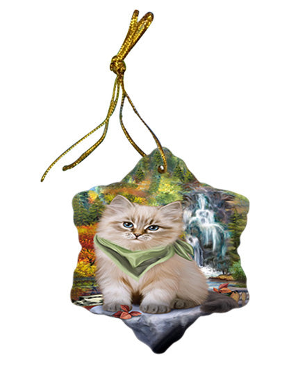 Scenic Waterfall Siberian Cat Star Porcelain Ornament SPOR54806