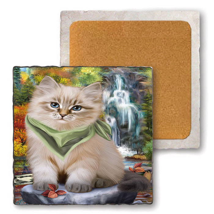 Scenic Waterfall Siberian Cat Set of 4 Natural Stone Marble Tile Coasters MCST49687