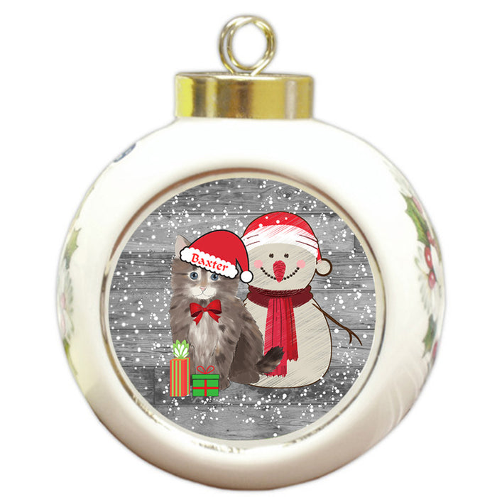 Custom Personalized Snowy Snowman and Siberian Cat Christmas Round Ball Ornament