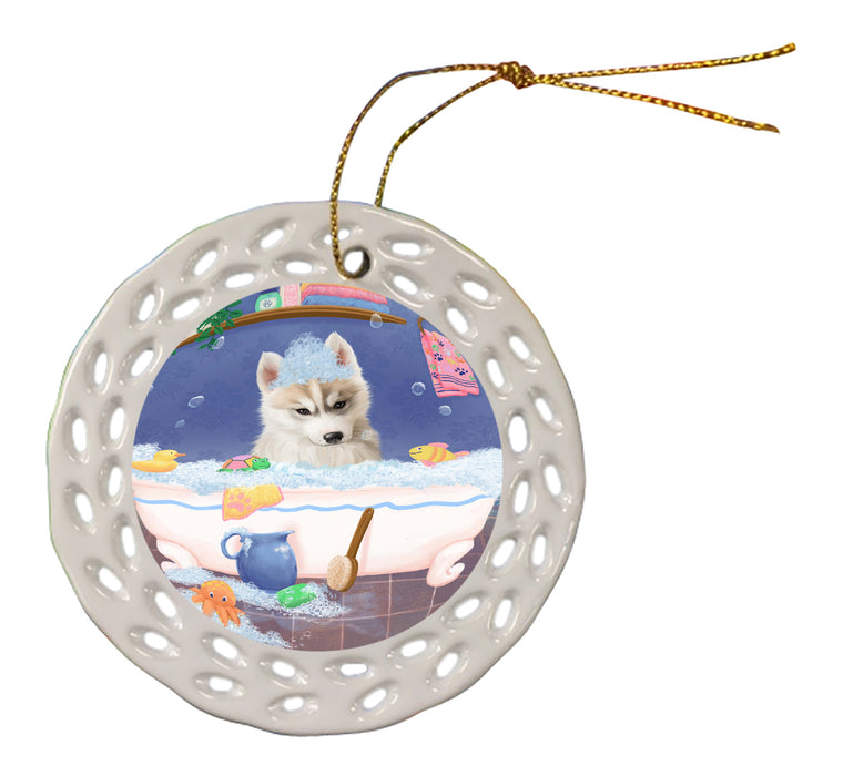 Rub A Dub Dog In A Tub Siberian Husky Dog Doily Ornament DPOR58347