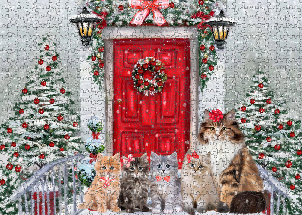 Christmas Holiday Welcome Siberian Cats Portrait Jigsaw Puzzle for Adults Animal Interlocking Puzzle Game Unique Gift for Dog Lover's with Metal Tin Box