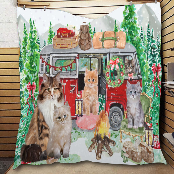 Christmas Time Camping with Siberian Cats  Quilt Bed Coverlet Bedspread - Pets Comforter Unique One-side Animal Printing - Soft Lightweight Durable Washable Polyester Quilt