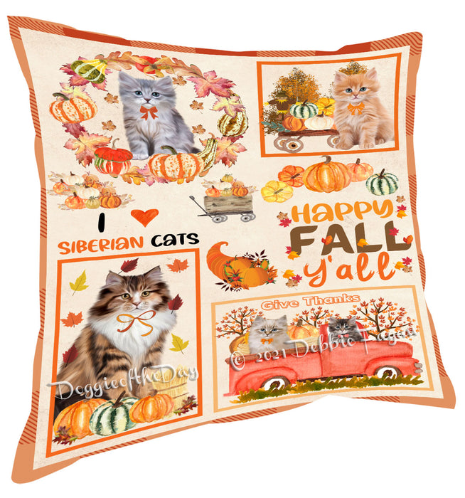 Happy Fall Y'all Pumpkin Siberian Cats Pillow with Top Quality High-Resolution Images - Ultra Soft Pet Pillows for Sleeping - Reversible & Comfort - Ideal Gift for Dog Lover - Cushion for Sofa Couch Bed - 100% Polyester