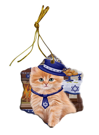 Happy Hanukkah Siberian Cat Star Porcelain Ornament SPOR57797