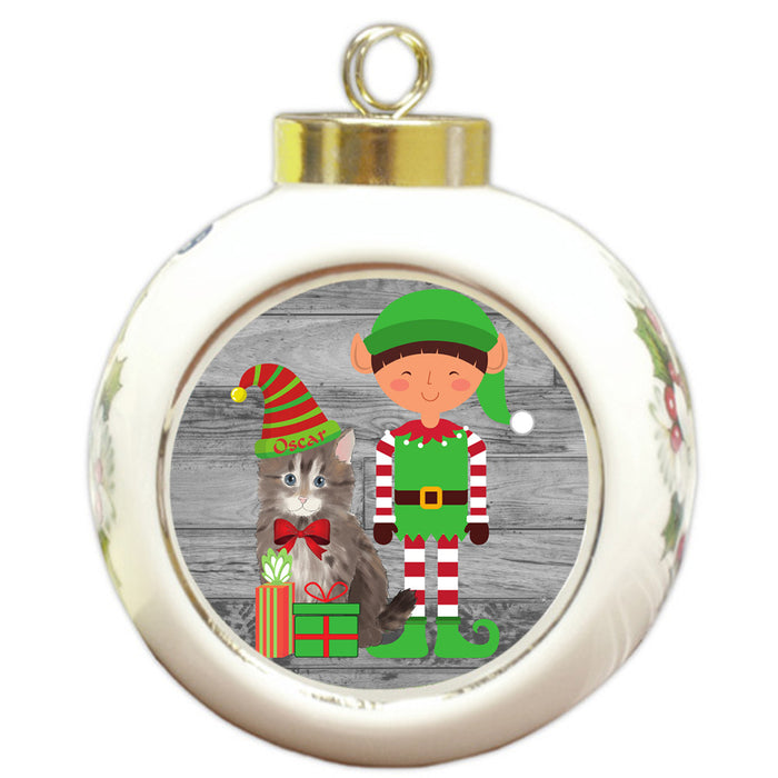 Custom Personalized Siberian Cat Elfie and Presents Christmas Round Ball Ornament