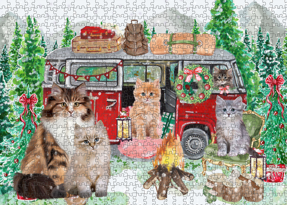 Christmas Time Camping with Siberian Cats Portrait Jigsaw Puzzle for Adults Animal Interlocking Puzzle Game Unique Gift for Dog Lover's with Metal Tin Box