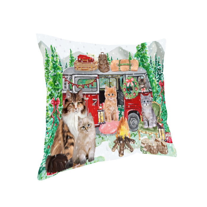 Christmas Time Camping with Siberian Cats Pillow with Top Quality High-Resolution Images - Ultra Soft Pet Pillows for Sleeping - Reversible & Comfort - Ideal Gift for Dog Lover - Cushion for Sofa Couch Bed - 100% Polyester