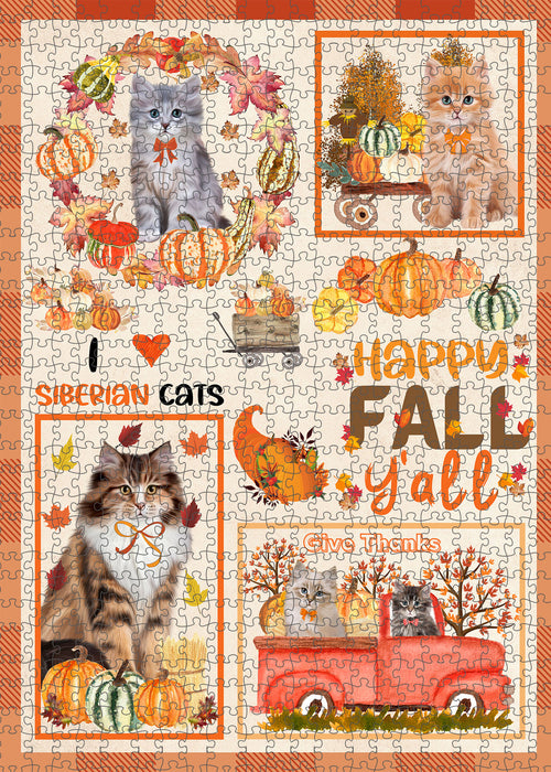 Happy Fall Y'all Pumpkin Siberian Cats Portrait Jigsaw Puzzle for Adults Animal Interlocking Puzzle Game Unique Gift for Dog Lover's with Metal Tin Box