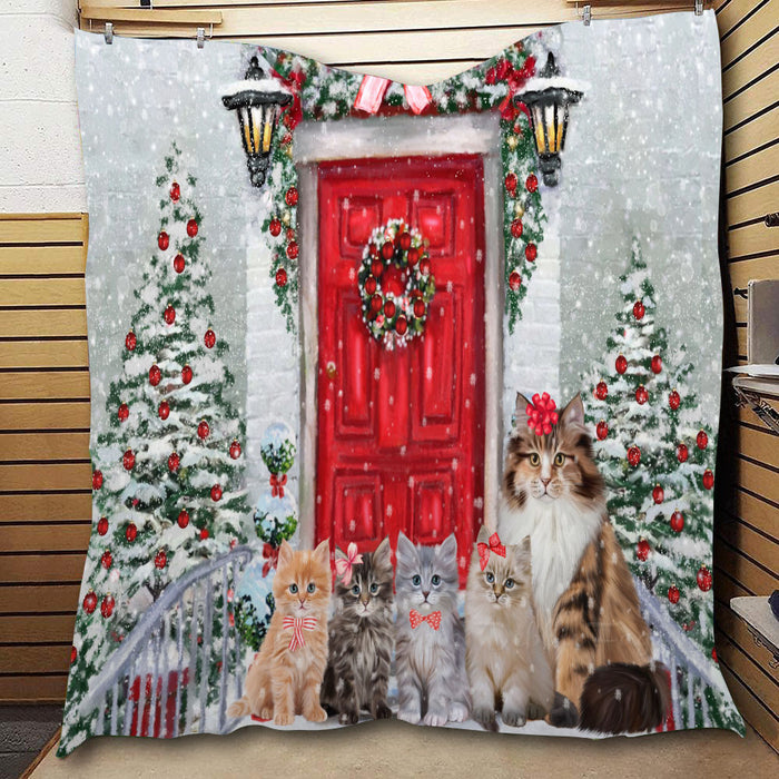 Christmas Holiday Welcome Siberian Cats  Quilt Bed Coverlet Bedspread - Pets Comforter Unique One-side Animal Printing - Soft Lightweight Durable Washable Polyester Quilt