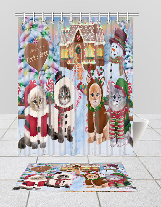 Holiday Gingerbread Cookie Siberian Cats  Bath Mat and Shower Curtain Combo