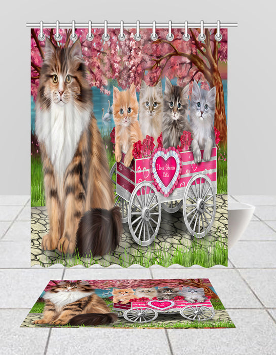 I Love Siberian Cats in a Cart Bath Mat and Shower Curtain Combo