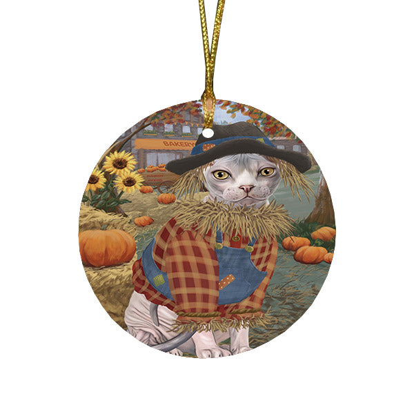 Halloween 'Round Town And Fall Pumpkin Scarecrow Both Sphynx Cat Round Flat Christmas Ornament RFPOR57673